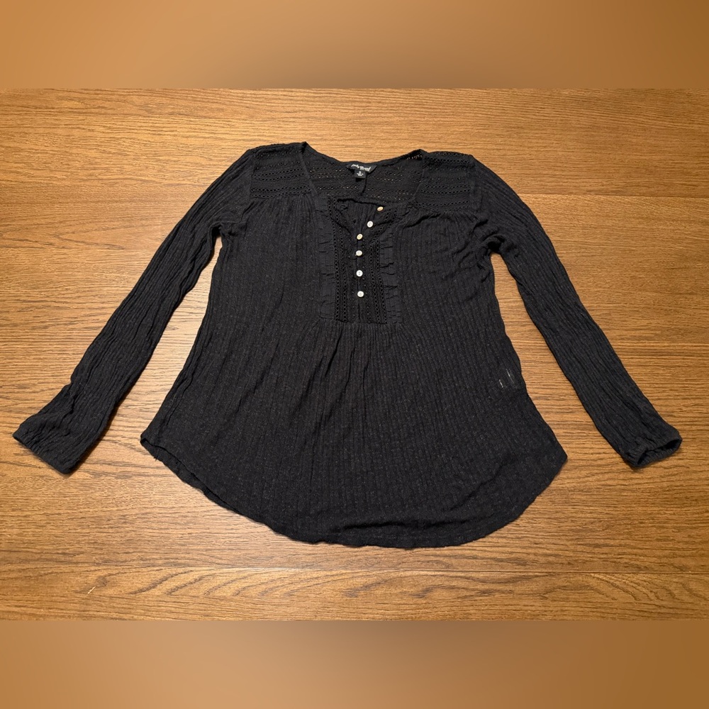 Lucky Brand Black Long-Sleeve Henley Peasant Top